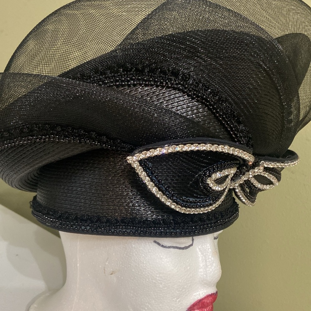Black Decorative Ladies Dress Hat with Rhinestone Bow - Picture 5 of 8